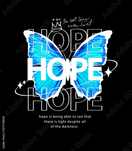 hope slogan with morpho butterfly hand drawn vector illustration on black background