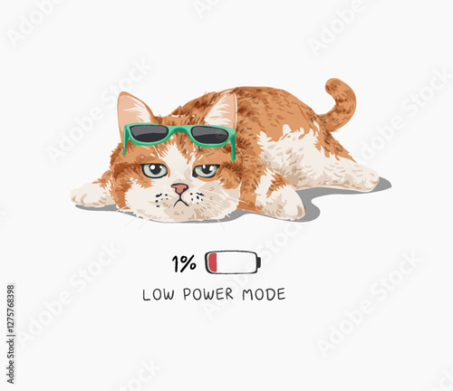 low power slogan with fat cat in sunglasses lying on tummy hand drawn vector illustration