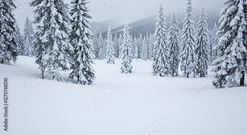 Snowy Spruce Forest Landscape in Winter Season with Mountain Backdrop