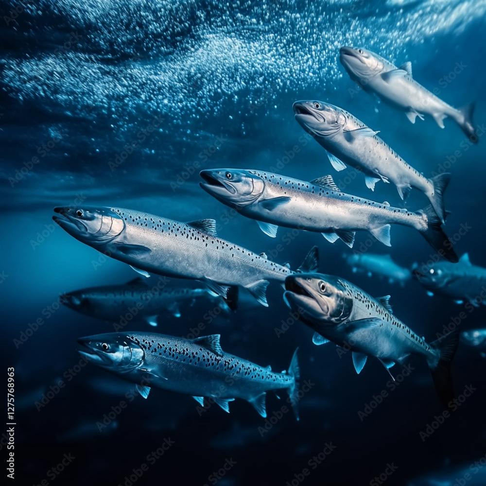 A group of salmon swims together in the deep blue waters of the ocean. A group of salmon swims together in the deep blue waters of the ocean.