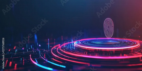 Futuristic Digital Fingerprint Technology Abstract Concept with Neon Lights and Virtual Security Elements Ideal for Cybersecurity Posters and Tech Designs