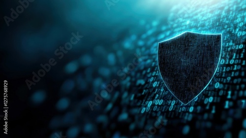 Digital data protection concept with shield depicted in stylized binary code design emphasizing cybersecurity with a futuristic blue tone for technology background use in print or digital media