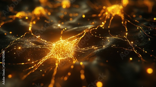 Glowing neural network design with radiant gold neurons and intricate web structure in digital concept art style for science communication and technology illustration in dark tones