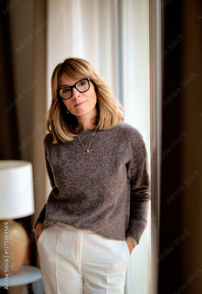Blond haired woman standing by the window in her modern home Blond haired woman standing by the window in her modern home