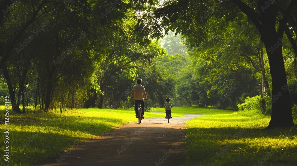 Fototapeta premium A father teaching his son how to ride a bicycle on a quiet path surrounded by trees, bonding moment and natural light,