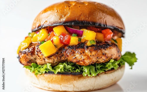 Suspended Caribbean jerk chicken burger with mango salsa drizzle, white background
