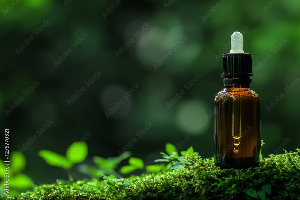 Amber bottle, dropper, moss, forest, nature, health, product, background, advertising Amber bottle, dropper, moss, forest, nature, health, product, background, advertising