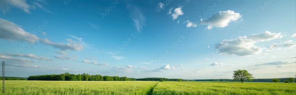 Banner of barley field in Spring with forest far away and blue sky with clouds. Panoramic composition in light green and blue colors. German countryside landscape. Banner of barley field in Spring with forest far away and blue sky with clouds. Panoramic composition in light green and blue colors. German countryside landscape.