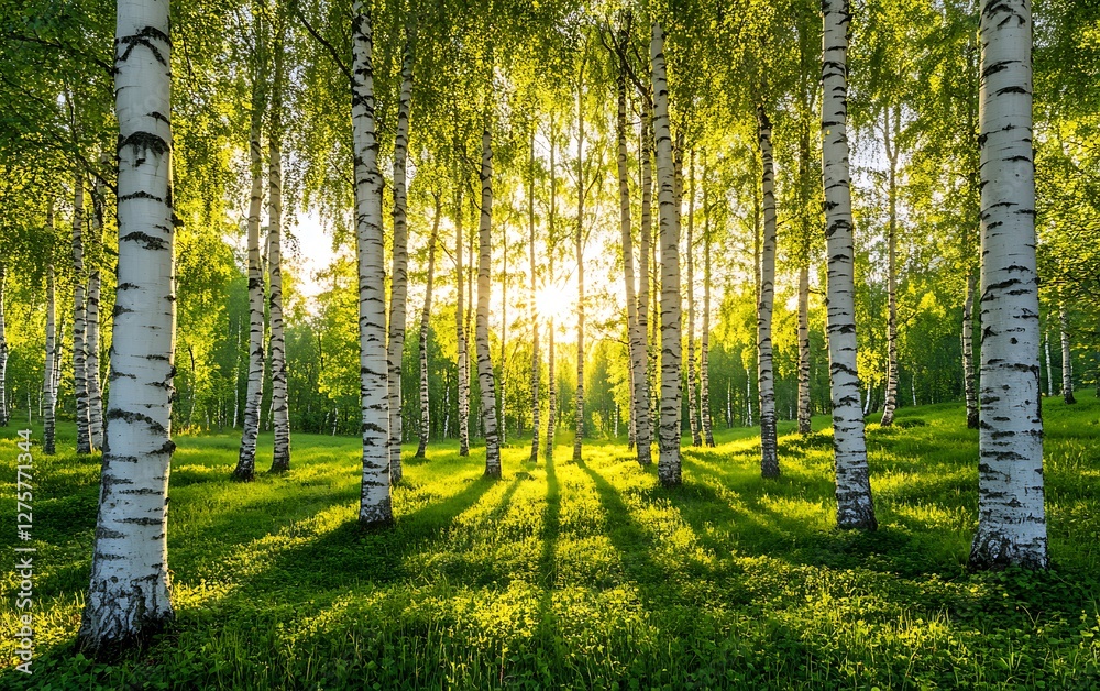 Obraz premium Sunlight through birch trees, summer forest, tranquil scene, nature photography