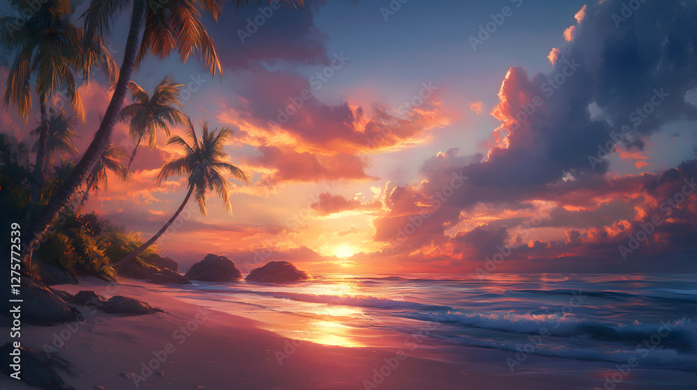 A painting of the most beautiful sunset on an exotic beach, with palm trees and waves
A painting of the most beautiful sunset on an exotic beach, with palm trees and waves