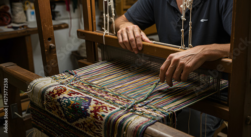 Weaving Traditional Rug on Loom Textile Craftsmanship and Handwork