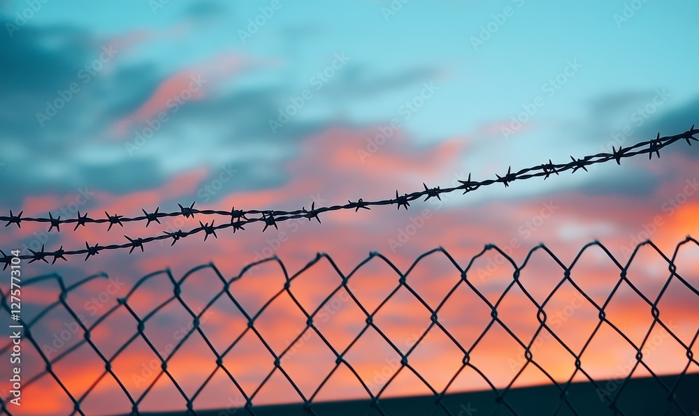 Barbed wire silhouetted against a vibrant sunset sky. Barbed wire silhouetted against a vibrant sunset sky.