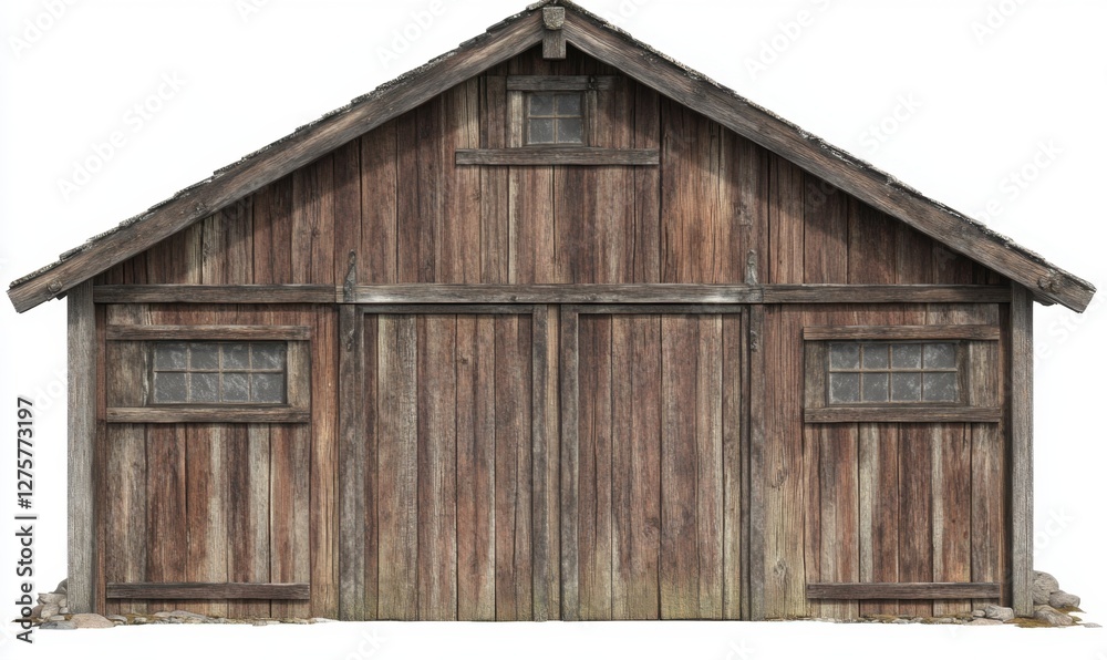Rustic wooden barn with weathered texture, two windows, and stone foundation in rural setting Rustic wooden barn with weathered texture, two windows, and stone foundation in rural setting
