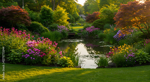 Idyllic Garden Pond Landscape with Colorful Flowers and Lush Greenery