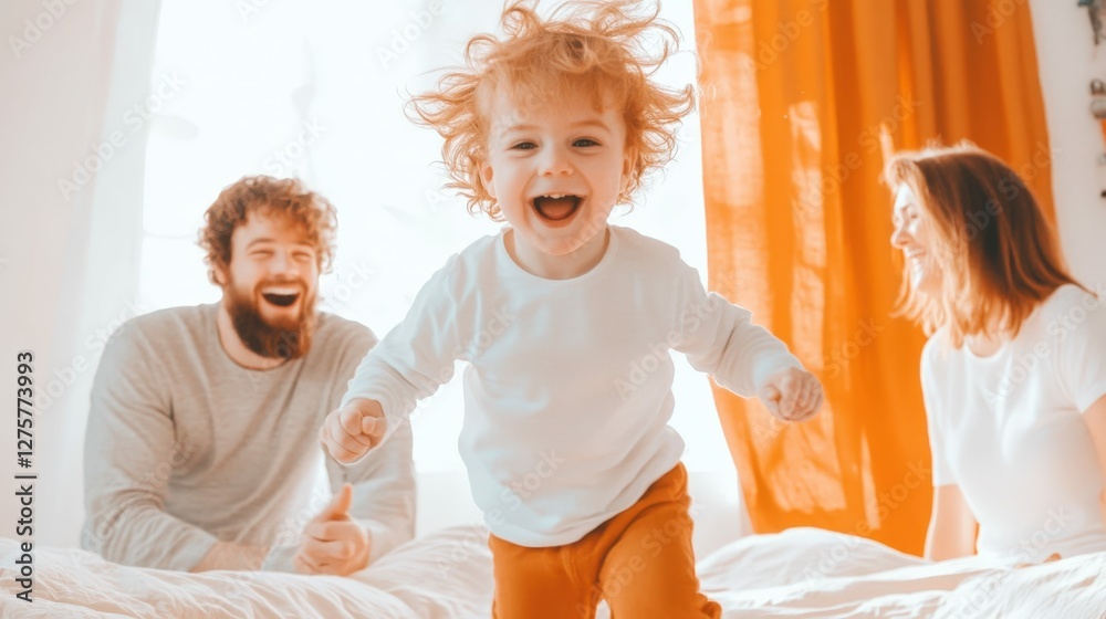 Joyful child jumping on bed with parents in playful family moment Joyful child jumping on bed with parents in playful family moment