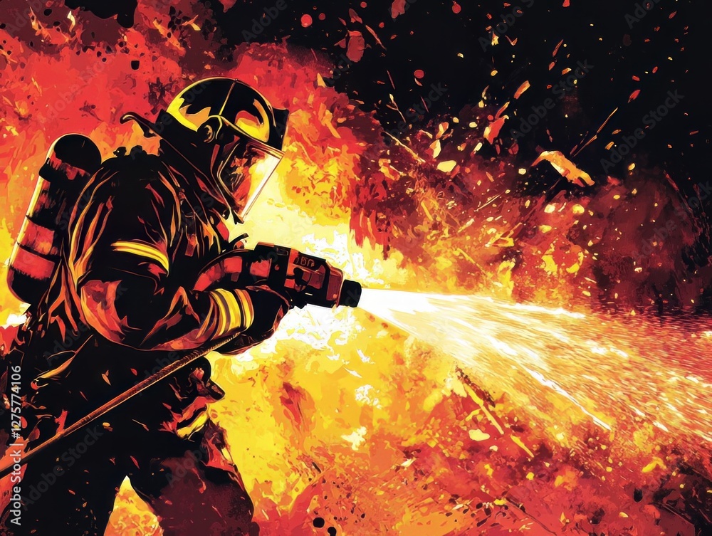 Firefighter spraying water on blazing fire