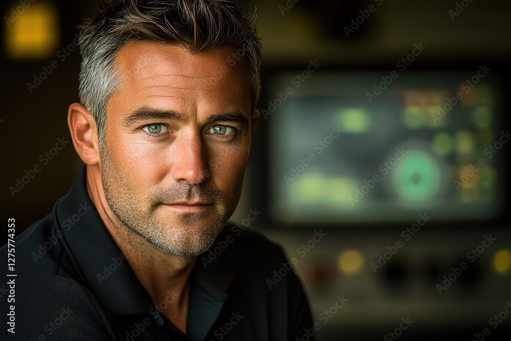 Confident Man with Graying Hair in Industrial Setting Confident Man with Graying Hair in Industrial Setting