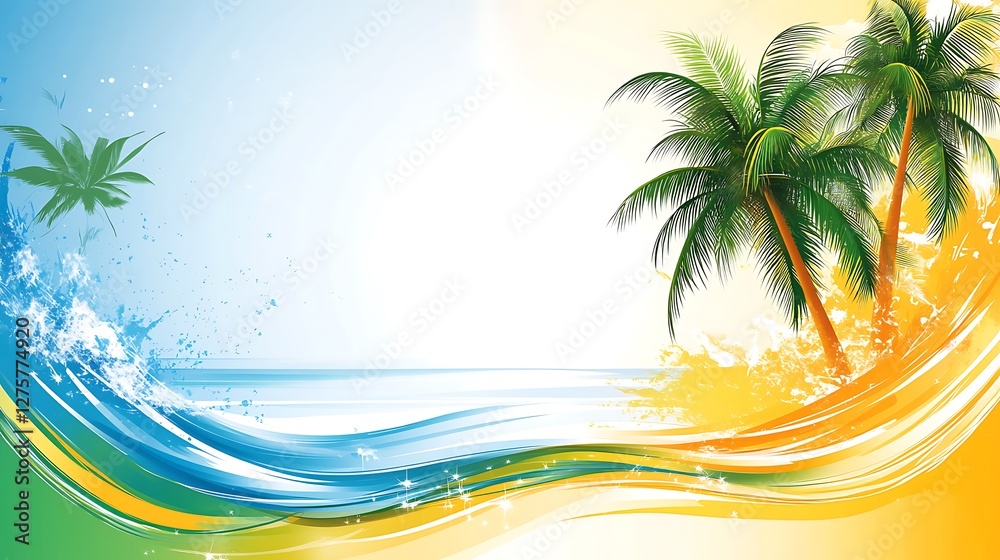Fototapeta premium Abstract beach scene, stylized palm trees, colorful waves