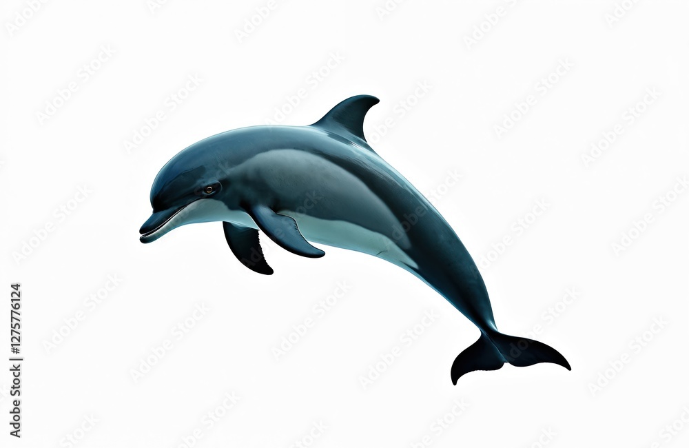 Fototapeta premium Isolated dolphin jumps. Aquatic mammal swims, plays in water. Sea animal isolated on white background. Marine creature smiles, looks happy in wildlife.