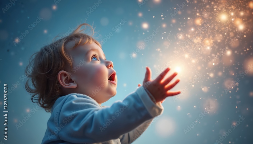 Baby reaches towards the starry night, natural curiosity, innate desire explore unknown. Cute toddler wonders cosmos, dreams of celestial, galaxy, space, childhood and innocence. Baby reaches towards the starry night, natural curiosity, innate desire explore unknown. Cute toddler wonders cosmos, dreams of celestial, galaxy, space, childhood and innocence.