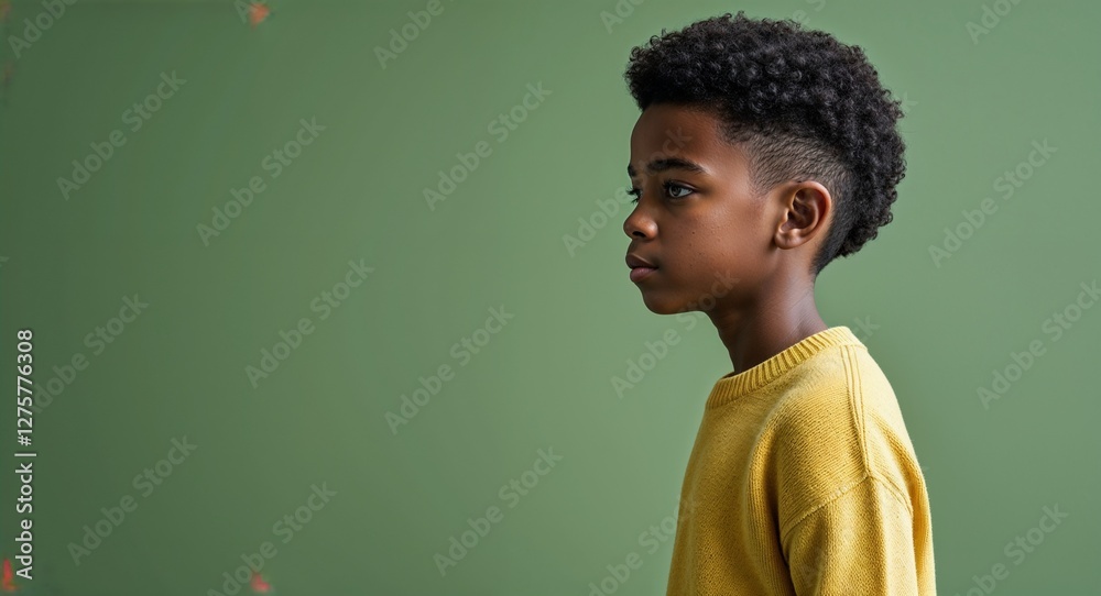 Obraz premium Black African boy in plain green background wearing a yellow sweater young teen side view portrait