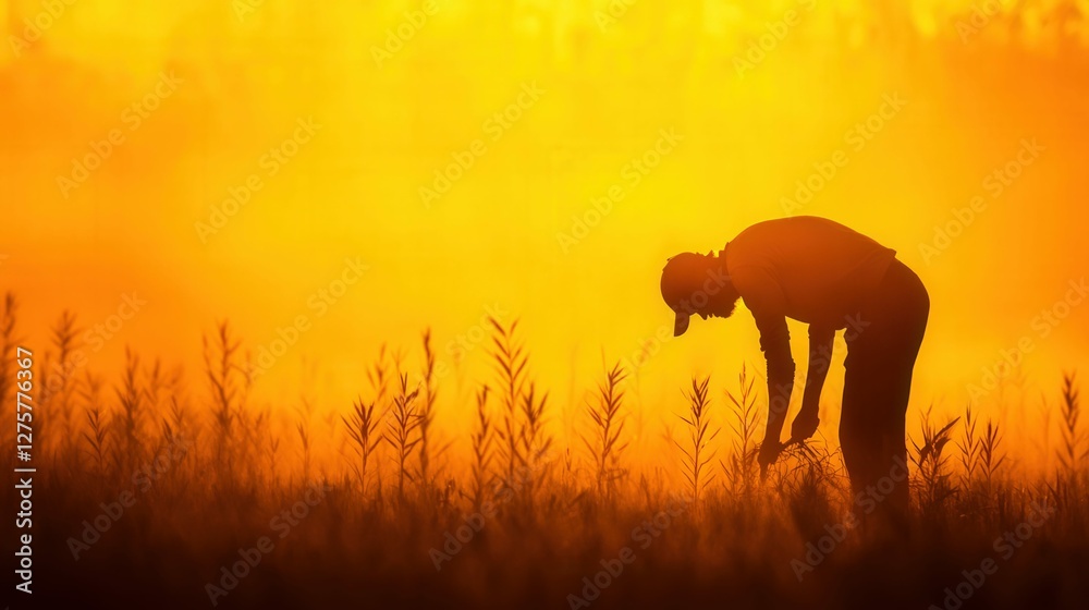 Fototapeta premium Farmer tending crops at sunrise with dramatic light and silhouette in countryside