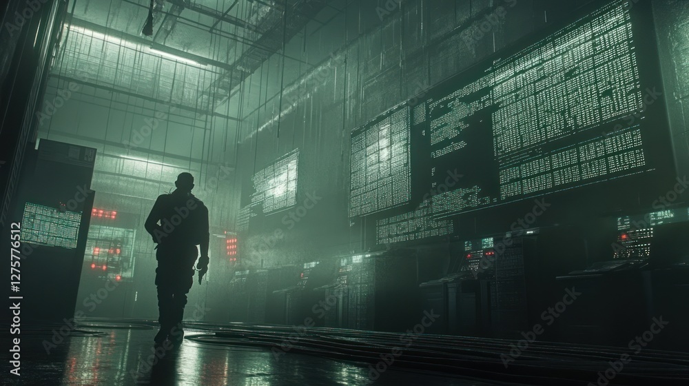 Fototapeta premium Man walking futuristic server room, data screens, cybersecurity