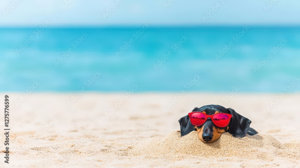 Obraz premium A black and tan dachshund buried in golden sand at a sunny beach