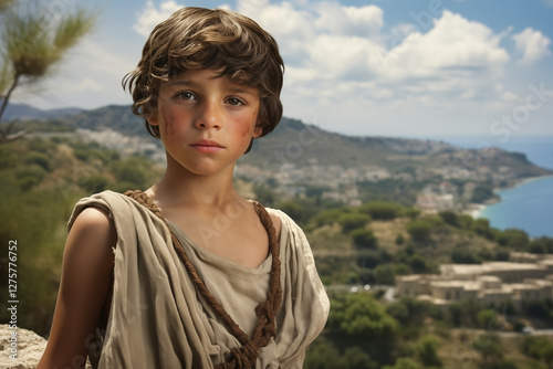 Young Boy in Ancient Greece: Dressed in Traditional Toga, Reflecting the Rich History, Culture, and Education of Greek Society, Surrounded by Classical Architecture and Mythological Influence. History