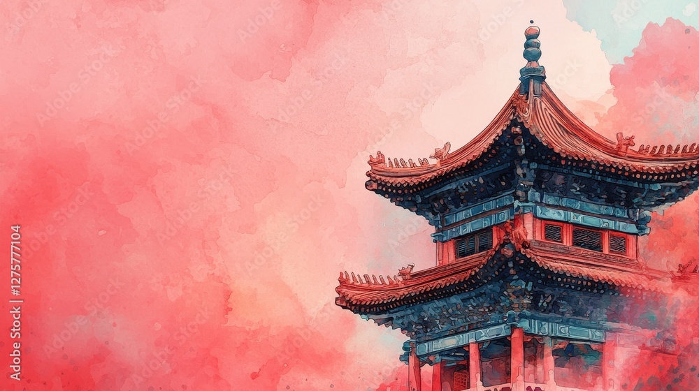 Obraz premium Traditional Asian Pavilion Surrounded by Ethereal Watercolor Skies