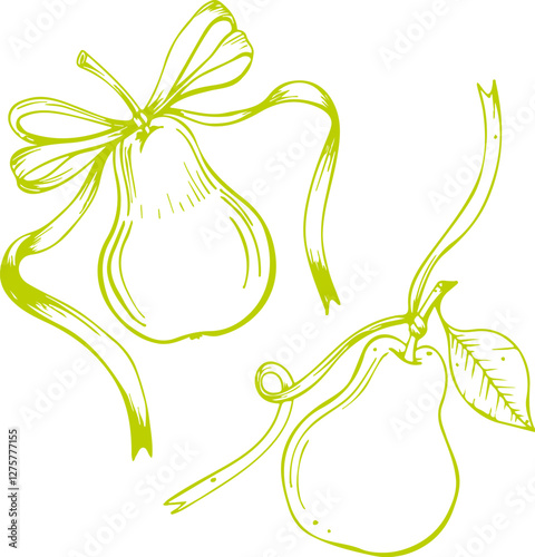 Vector drawing of a pear with a bow in vintage style.Hand Drawn Romantic Doodle Concept.Simple Line Art Illustration.Art for postcards,branding, logo design, background.Line art,ink, minimalist style.