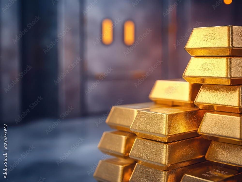 A closeup of gleaming gold bars stacked in a dimly lit industrial vault, reflecting warm light, evoking a sense of wealth and secrecy, with a rugged, metallic background A closeup of gleaming gold bars stacked in a dimly lit industrial vault, reflecting warm light, evoking a sense of wealth and secrecy, with a rugged, metallic background