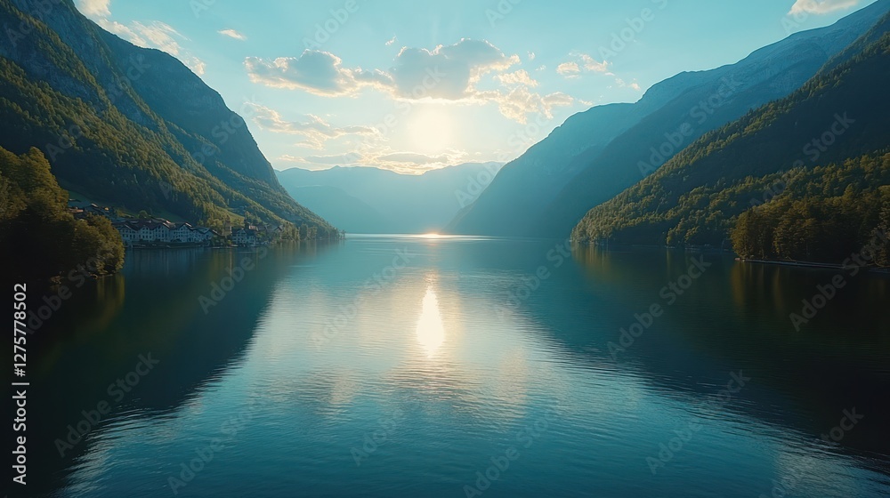 Obraz premium Sunset alpine lake village aerial view