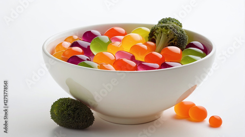 vibrant bowl filled with colorful jelly like candies resembling fruits and vegetables, featuring bright hues of orange, green, purple, and yellow, creating playful and whimsical display photo