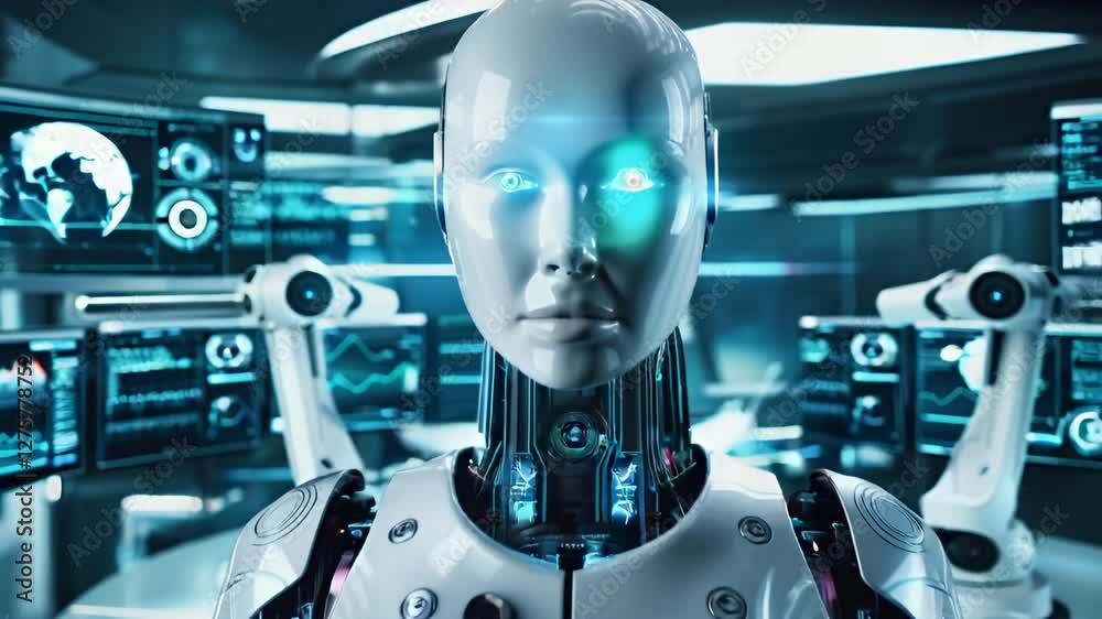 sleek, AI-powered humanoid robot with a metallic exoskeleton and glowing circuit sleek, AI-powered humanoid robot with a metallic exoskeleton and glowing circuit