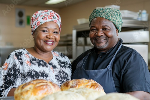 Skilled bakers proudly display their artisan bread in a bustling bakery kitchen during a sunny afternoon