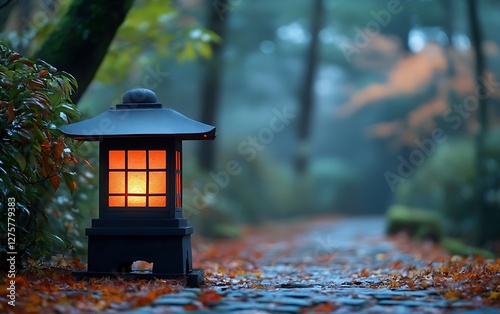 Autumn garden path lantern; peaceful ambiance; tranquil scene; for wallpaper or desktop backgrounds photo