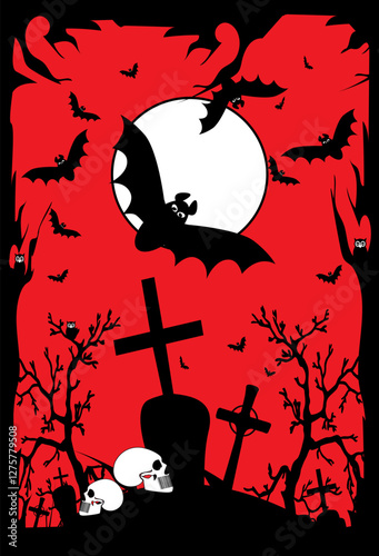 Halloween Graveyard. A black and white illustration against a vibrant red background depicts a spooky Halloween scene. The image features a full moon with a large bat flying in front of it, surrounded