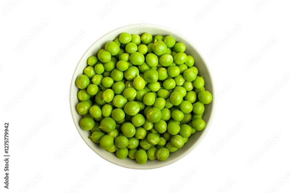 Fresh organic green peas in white round bowl on table in soft focus, isolated on white, top view Fresh organic green peas in white round bowl on table in soft focus, isolated on white, top view