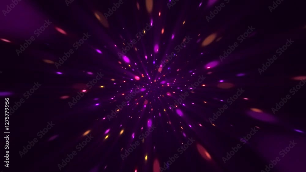 Flying through a grid of glowing purple and gold neon disco lights. This glittering celebration party background is full HD and looping.