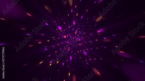 Flying through a grid of glowing purple and gold neon disco lights. This glittering celebration party background is full HD and looping.