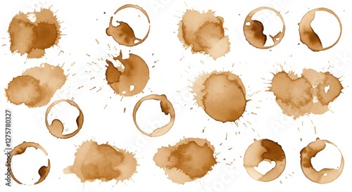 Coffee Stains Collection: A Diverse Range of Brown Spills on White Background