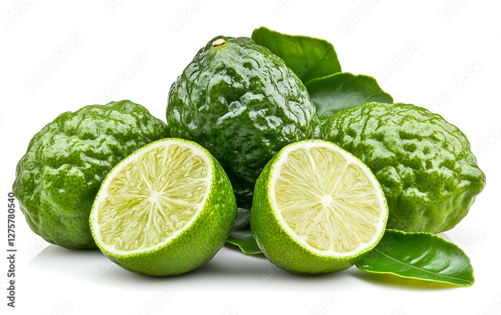 Fresh bergamot limes arranged with leaves, studio shot, for food or cooking background