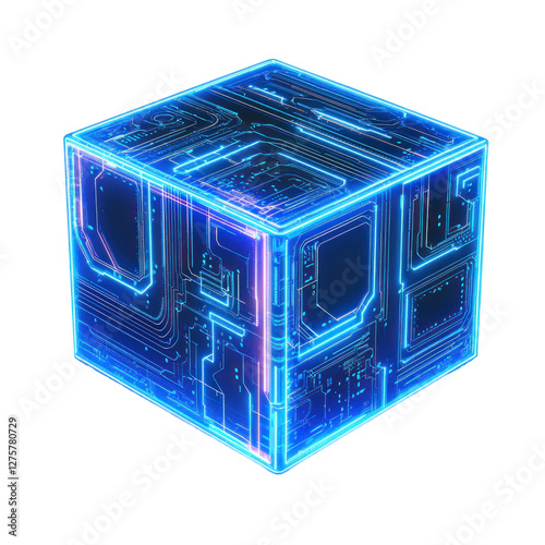 Futuristic glowing cube with circuit patterns isolated on png transparent background, cut out