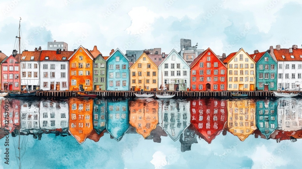 Obraz premium Colorful Waterfront Houses Reflected in Calm Water at Daytime
