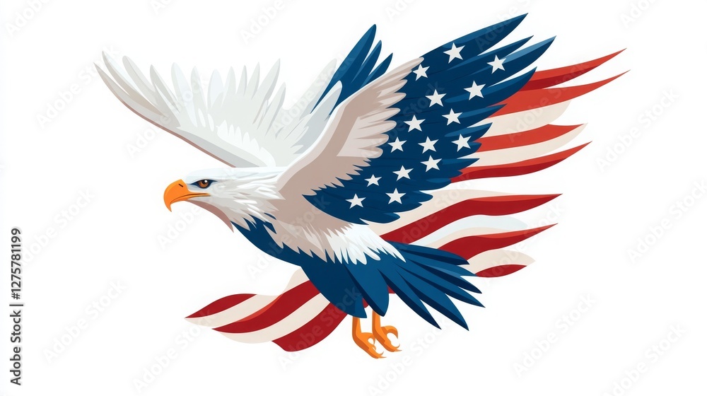 Fototapeta premium Bald eagle in flight, wings designed with American flag.