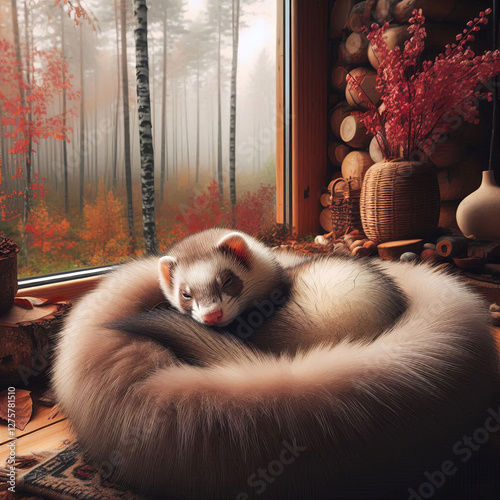 A ferret sleeping in a fur bed by a large window in a modern house, surrounded by an autumn forest