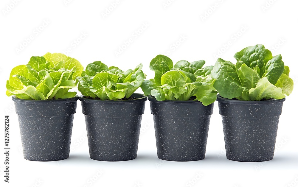 Fresh Lettuce Plants in Pots, Isolated, Ready for Planting, Kitchen Garden, Growing Fresh Lettuce Plants in Pots, Isolated, Ready for Planting, Kitchen Garden, Growing