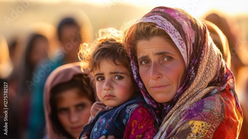 A Middle Eastern mother lovingly holds her young daughter, bathed in warm, golden sunlight.