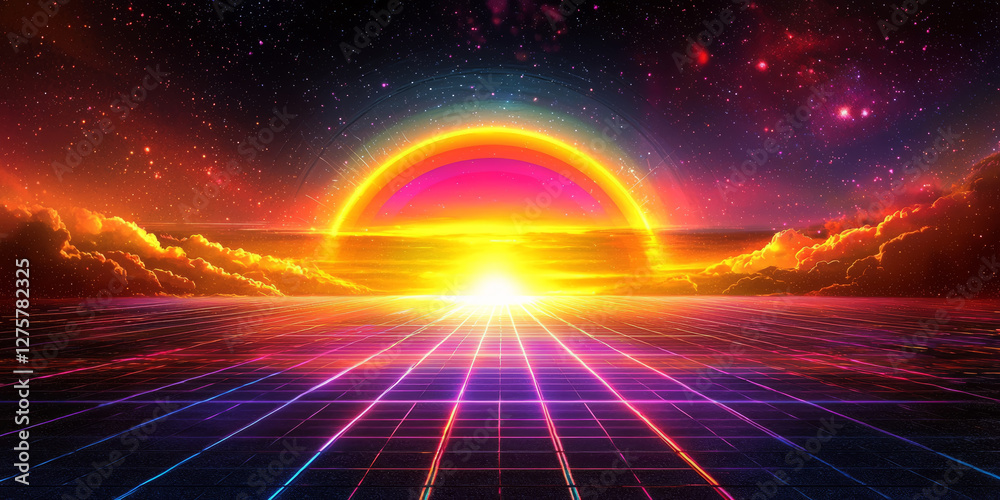 Obraz premium futuristic background with neon grids and glowing rainbow light beams